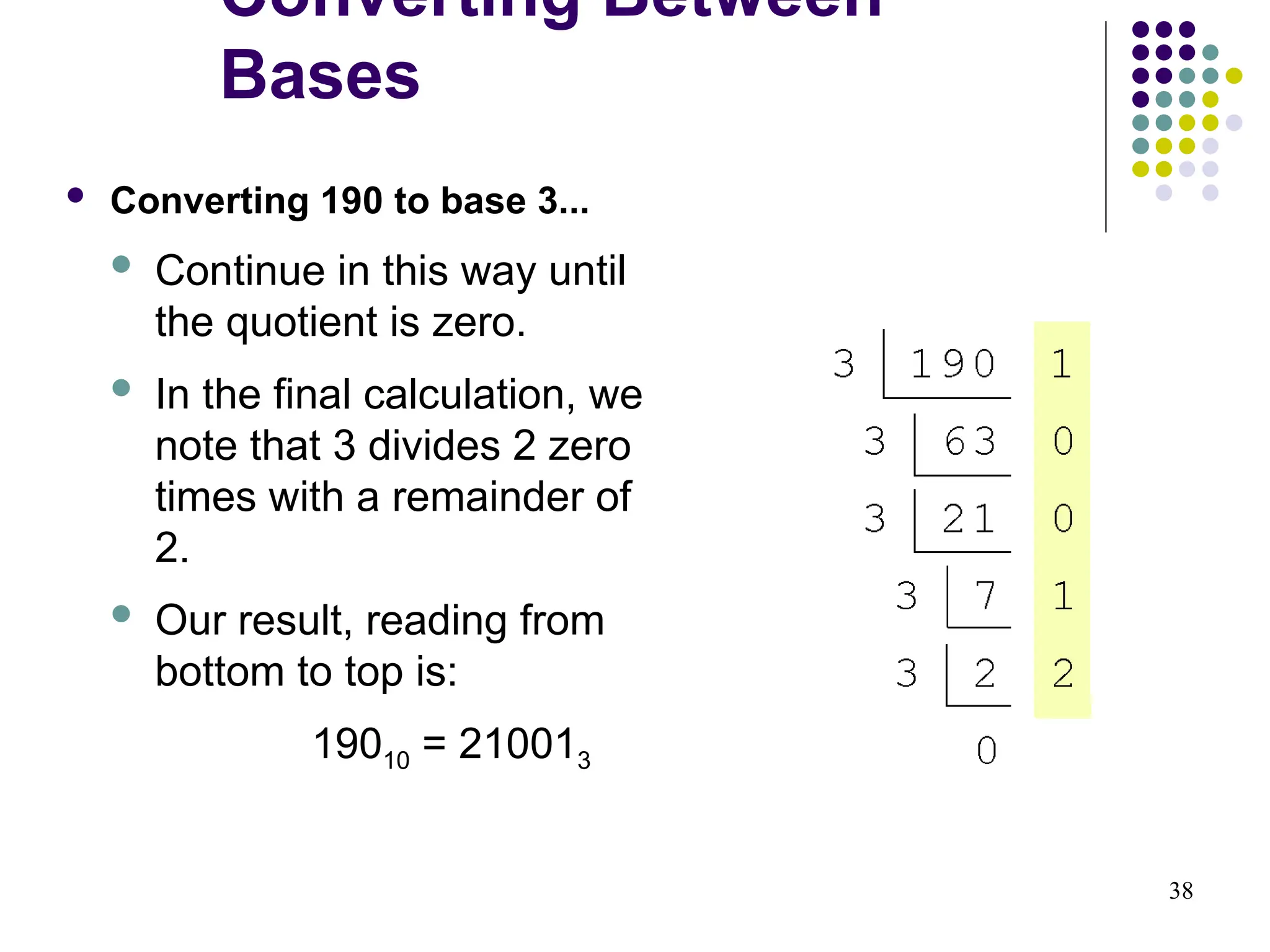 38
 Converting 190 to base 3...
 Continue in this way until
the quotient is zero.
 In the final calculation, we
note that 3 divides 2 zero
times with a remainder of
2.
 Our result, reading from
bottom to top is:
19010 = 210013
Converting Between
Bases
 