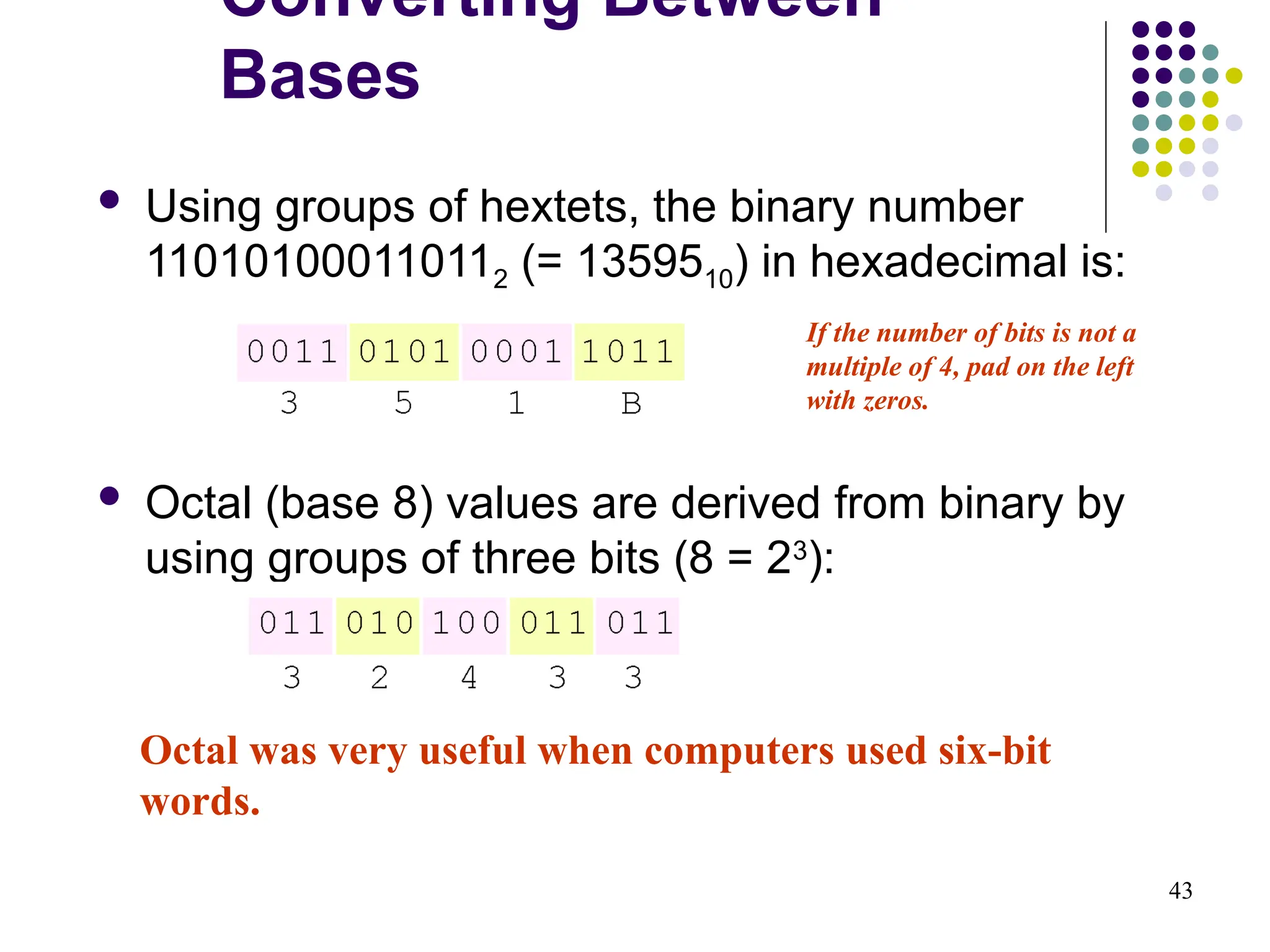 43
 Using groups of hextets, the binary number
110101000110112 (= 1359510) in hexadecimal is:
 Octal (base 8) values are derived from binary by
using groups of three bits (8 = 23
):
Octal was very useful when computers used six-bit
words.
If the number of bits is not a
multiple of 4, pad on the left
with zeros.
Converting Between
Bases
 