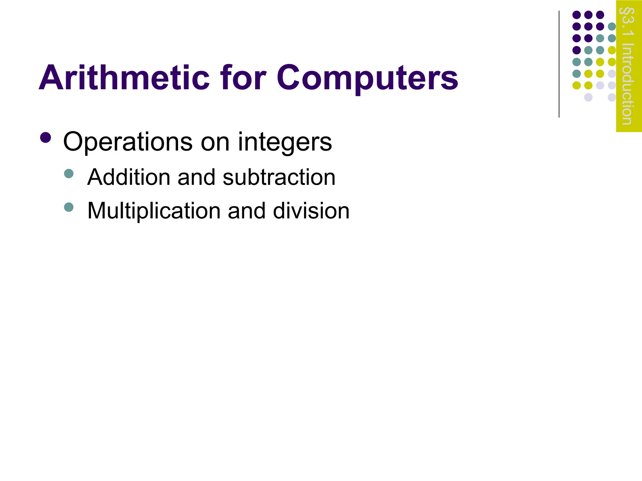 Arithmetic for Computers
 Operations on integers
 Addition and subtraction
 Multiplication and division
§3.1
Introduction
 