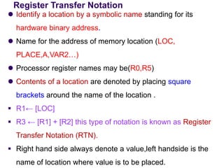 Register Transfer Notation
⚫ Identify a location by a symbolic name standing for its
hardware binary address.
⚫ Name for the address of memory location (LOC,
PLACE,A,VAR2…)
⚫ Processor register names may be(R0,R5)
⚫ Contents of a location are denoted by placing square
brackets around the name of the location .
▪ R1← [LOC]
▪ R3 ← [R1] + [R2] this type of notation is known as Register
Transfer Notation (RTN).
▪ Right hand side always denote a value,left handside is the
name of location where value is to be placed.
 