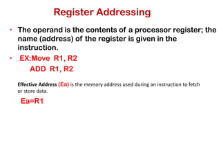 Register Addressing
• The operand is the contents of a processor register; the
name (address) of the register is given in the
instruction.
• EX:Move R1, R2
ADD R1, R2
Ea=R1
Effective Address (Ea) is the memory address used during an instruction to fetch
or store data.
 