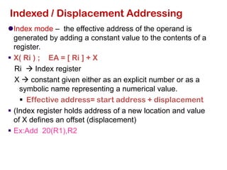 ⚫Index mode – the effective address of the operand is
generated by adding a constant value to the contents of a
register.
▪ X( Ri ) ; EA = [ Ri ] + X
Ri → Index register
X → constant given either as an explicit number or as a
symbolic name representing a numerical value.
▪ Effective address= start address + displacement
▪ (Index register holds address of a new location and value
of X defines an offset (displacement)
▪ Ex:Add 20(R1),R2
Indexed / Displacement Addressing
 
