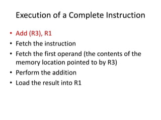 Execution of a Complete Instruction
• Add (R3), R1
• Fetch the instruction
• Fetch the first operand (the contents of the
memory location pointed to by R3)
• Perform the addition
• Load the result into R1
 