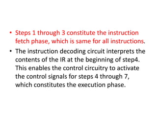 • Steps 1 through 3 constitute the instruction
fetch phase, which is same for all instructions.
• The instruction decoding circuit interprets the
contents of the IR at the beginning of step4.
This enables the control circuitry to activate
the control signals for steps 4 through 7,
which constitutes the execution phase.
 