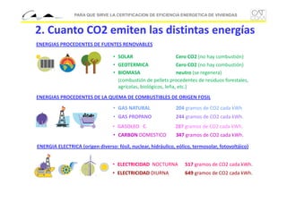 PARA QUE SIRVE LA CERTIFICACION DE EFICIENCIA ENERGETICA DE VIVIENDAS

2. Cuanto CO2 emiten las distintas energías 
ENERGIAS PROCEDENTES DE FUENTES RENOVABLES
• SOLAR

Cero CO2 (no hay combustión)

• GEOTERMICA
Cero CO2 (no hay combustión)
• BIOMASA
neutro (se regenera)
(combustión de pellets procedentes de residuos forestales, 
agrícolas, biológicos, leña, etc.)
ENERGIAS PROCEDENTES DE LA QUEMA DE COMBUSTIBLES DE ORIGEN FOSIL
• GAS NATURAL

204 gramos de CO2 cada kWh

• GAS PROPANO

244 gramos de CO2 cada kWh.

• GASOLEO   C.

287 gramos de CO2 cada kWh.

• CARBON DOMESTICO

347 gramos de CO2 cada kWh.

ENERGIA ELECTRICA (origen diverso: fósil, nuclear, hidráulico, eólico, termosolar, fotovoltáico)
• ELECTRICIDAD NOCTURNA

517 gramos de CO2 cada kWh.

• ELECTRICIDAD DIURNA

649 gramos de CO2 cada kWh.

 