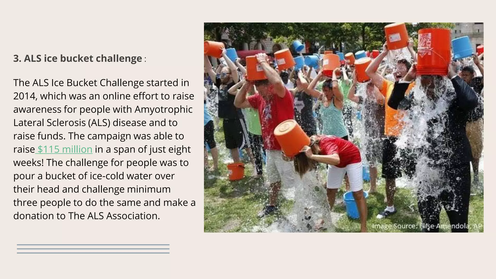 3. ALS ice bucket challenge :
The ALS Ice Bucket Challenge started in
2014, which was an online effort to raise
awareness for people with Amyotrophic
Lateral Sclerosis (ALS) disease and to
raise funds. The campaign was able to
raise $115 million in a span of just eight
weeks! The challenge for people was to
pour a bucket of ice-cold water over
their head and challenge minimum
three people to do the same and make a
donation to The ALS Association.
 