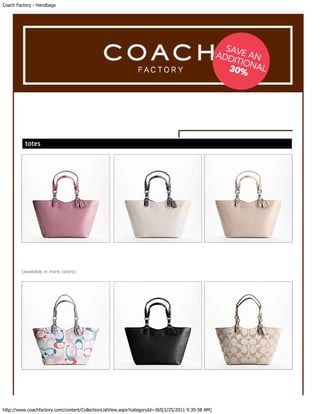 Coach Factory - Handbags




                                                                                    ALL PRICES IN RM


                  F1401                                            F1402                           F1403




            RM$500

        (available in more colors)


                   F1404                                            F1405                           F1406




           RM$630


http://www.coachfactory.com/content/CollectionListView.aspx?categoryId=365[2/25/2011 9:39:58 AM]
 