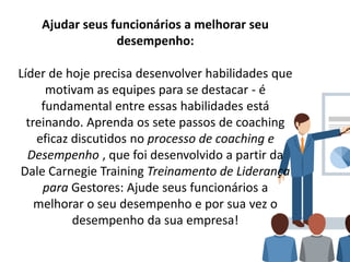 Ajudar seus funcionários a melhorar seu
desempenho:
Líder de hoje precisa desenvolver habilidades que
motivam as equipes para se destacar - é
fundamental entre essas habilidades está
treinando. Aprenda os sete passos de coaching
eficaz discutidos no processo de coaching e
Desempenho , que foi desenvolvido a partir da
Dale Carnegie Training Treinamento de Liderança
para Gestores: Ajude seus funcionários a
melhorar o seu desempenho e por sua vez o
desempenho da sua empresa!
 