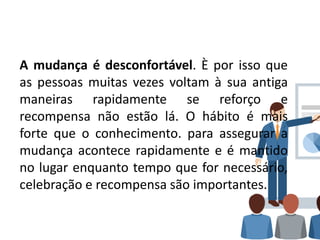 A mudança é desconfortável. È por isso que
as pessoas muitas vezes voltam à sua antiga
maneiras rapidamente se reforço e
recompensa não estão lá. O hábito é mais
forte que o conhecimento. para assegurar a
mudança acontece rapidamente e é mantido
no lugar enquanto tempo que for necessário,
celebração e recompensa são importantes.
 