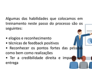 Algumas das habilidades que colocamos em
treinamento neste passo do processo são os
seguintes:
• elogios e reconhecimento
• técnicas de feedback positivos
• Reconhecer os pontos fortes das pessoas
como bem como realizações
• Ter a credibilidade direita e impacto na
entrega
 