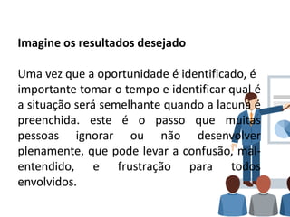 Imagine os resultados desejado
Uma vez que a oportunidade é identificado, é
importante tomar o tempo e identificar qual é
a situação será semelhante quando a lacuna é
preenchida. este é o passo que muitas
pessoas ignorar ou não desenvolver
plenamente, que pode levar a confusão, mal-
entendido, e frustração para todos
envolvidos.
 