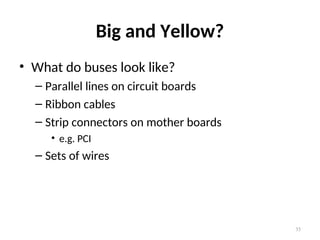 Big and Yellow?
• What do buses look like?
– Parallel lines on circuit boards
– Ribbon cables
– Strip connectors on mother boards
• e.g. PCI
– Sets of wires
35
 