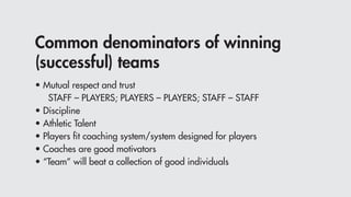 Common denominators of winning
(successful) teams
• Mutual respect and trust
		 STAFF – PLAYERS; PLAYERS – PLAYERS; STAFF – STAFF
• Discipline
• Athletic Talent
• Players fit coaching system/system designed for players
• Coaches are good motivators
• “Team” will beat a collection of good individuals
 