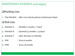 MAINTENANCE SCHEDULE and category 
Washing Line 
1. Trip Schedule : After every trip by primary maintenance depot. 
 Sick Line 
2. Schedule A : Monthly (1 month + 7 days) 
3. Schedule B : Quarterly (3 months + 15 days) 
4. Schedule C : After 180 days or 6 Months 
5. IOH : Every 9 months 
6. POH : Every 18 months 
 