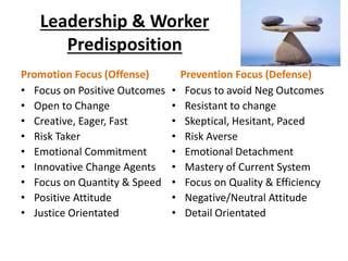 Leadership & Worker
Predisposition
Promotion Focus (Offense)
• Focus on Positive Outcomes
• Open to Change
• Creative, Eager, Fast
• Risk Taker
• Emotional Commitment
• Innovative Change Agents
• Focus on Quantity & Speed
• Positive Attitude
• Justice Orientated
Prevention Focus (Defense)
• Focus to avoid Neg Outcomes
• Resistant to change
• Skeptical, Hesitant, Paced
• Risk Averse
• Emotional Detachment
• Mastery of Current System
• Focus on Quality & Efficiency
• Negative/Neutral Attitude
• Detail Orientated
 