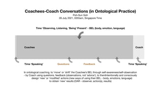 Coachees-Coach Conversations (in Ontological Practice)
Poh-Sun Goh

28 July 2021, 0355am, Singapore Time
Coachee Coach
Time ‘Speaking’ Time ‘Speaking’
Time ‘Observing, Listening, ‘Being’ Present’ - BEL (body, emotion, language)
Feedback
Questions
In ontological coaching, to ‘move’ or ‘shift’ the Coachee’s BEL through self-awareness/self-observation 

- by Coach using questions, feedback (observations, not ‘advice’), to theniIntentionally and consciously 

design ‘new’ or ‘modi
fi
ed’ actions (new ways of using their BEL - body, emotions, language)

to obtain ‘new’ results (OAR - observer, action(s), results)
 
