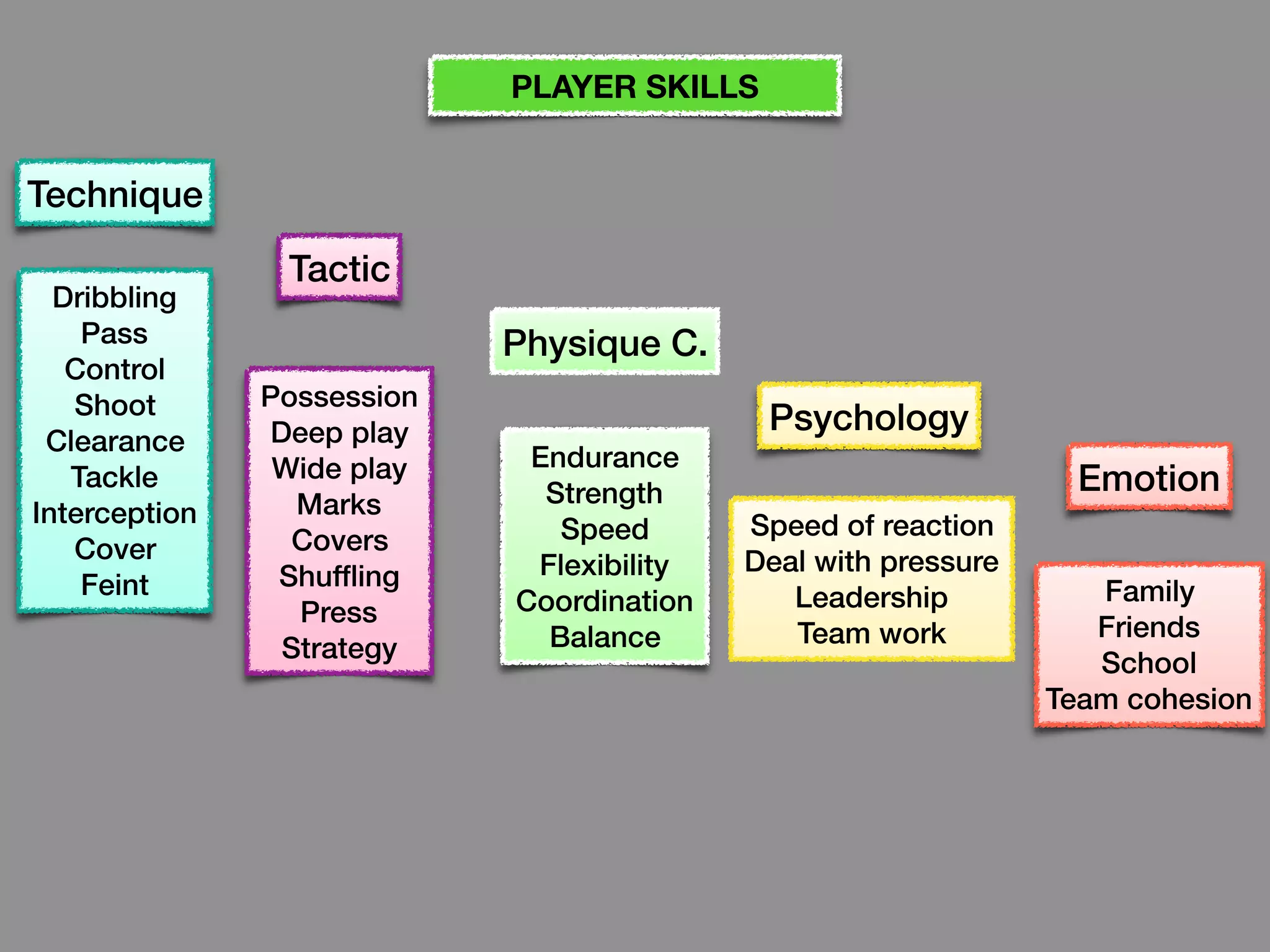 Technique
Tactic
Physique C.
Psychology
Emotion
Dribbling
Pass
Control
Shoot
Clearance
Tackle
Interception
Cover
Feint
Possession
Deep play
Wide play
Marks
Covers
Shuffling
Press
Strategy
Endurance
Strength
Speed
Flexibility
Coordination
Balance
Speed of reaction
Deal with pressure
Leadership
Team work
Family
Friends
School
Team cohesion
PLAYER SKILLS
 