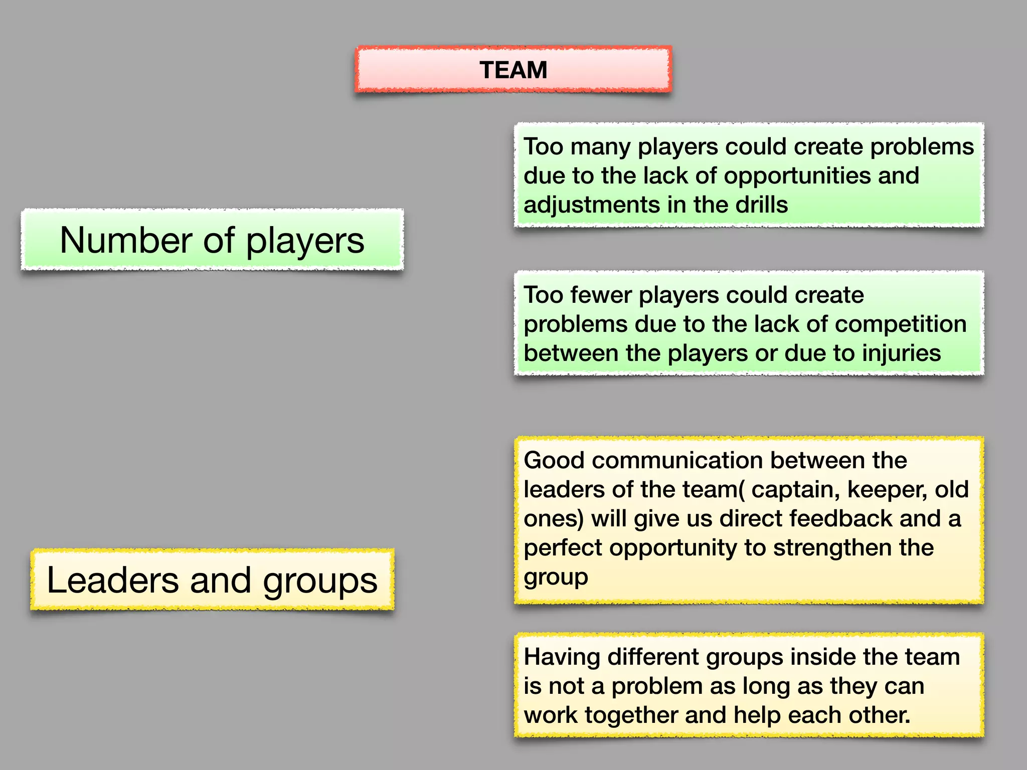Number of players
Too many players could create problems
due to the lack of opportunities and
adjustments in the drills
Too fewer players could create
problems due to the lack of competition
between the players or due to injuries
Leaders and groups
Good communication between the
leaders of the team( captain, keeper, old
ones) will give us direct feedback and a
perfect opportunity to strengthen the
group
Having different groups inside the team
is not a problem as long as they can
work together and help each other.
TEAM
 