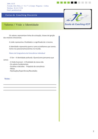 2009, ECIT
Avenida Júlio Dinis, n.º 14, 3º A, Campo Pequeno - Lisboa
Telefone: 96 612 5154
7
	
  
	
  
Geral: geral@ecit.pt
	
  
	
  
Curso	
  de	
  	
  Coaching	
  Docente	
  
	
  
	
  
	
  
	
  
Valores / Visão e Identidade
	
  
	
  
	
  
	
  
	
  
Os	
  valores	
  representam	
  linhas	
  de	
  activação,	
  chaves	
  de	
  ignição	
  
dos	
  motores	
  emocionais.	
  
	
  
A	
  visão	
  representa	
  a	
  finalidade	
  e	
  o	
  significado	
  de	
  si	
  mesmo.	
  
	
  
A	
  Identidade	
  representa	
  quem	
  e	
  como	
  acreditamos	
  que	
  somos.	
  
Como	
  nos	
  posicionamos/vemos	
  no	
  mundo.	
  
	
  
Níveis	
  de	
  Congruência	
  da	
  Consciência	
  Individual	
  
	
  
	
  
somos	
  
-­‐	
  O	
  Ser	
  –	
  A	
  Identidade	
  profunda	
  -­‐Quem/como	
  pensamos	
  que	
  
	
  
-­‐	
  A	
  Visão	
  Essencial	
  –	
  A	
  finalidade	
  da	
  nossa	
  vida	
  
-­‐	
  Os	
  valores	
  fundamentais	
  
-­‐	
  Escolhas	
  e	
  decisões	
  -­‐	
  	
  Propósito	
  da	
  consciência	
  
-­‐	
  Metas	
  
-­‐	
  Realizações/Experiências/Resultados	
  
	
  
	
  
	
  
Notas :
	
  
	
  
	
  
	
  
	
  
	
  
	
  
	
  
	
  
	
  
	
  
	
  
	
  
	
  
 