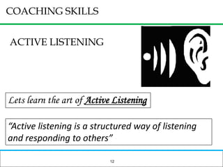 Why do we need Coaching?The reasons why people require coaching are:For succession planningThe ability for the organization to identify ‘fast track’ candidates and prepare them for new jobs is enhanced by coaching & mentoring Coaching & Mentoring can ensure continuity of performance when key staff leave the organization because core skills have been transferred 