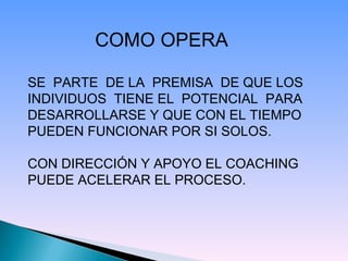COMO OPERA SE  PARTE  DE LA  PREMISA  DE QUE LOS INDIVIDUOS  TIENE EL  POTENCIAL  PARA DESARROLLARSE Y QUE CON EL TIEMPO PUEDEN FUNCIONAR POR SI SOLOS. CON DIRECCIÓN Y APOYO EL COACHING PUEDE ACELERAR EL PROCESO.   