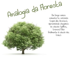 lo res ta
          ad aF
A nal ogi              De longe vemos
                    somente os sintomas
                     (copa das árvores),
                   aproximando chegamos
                      as causas (galhos,
                         troncos) até
                  finalmente a causa raiz
                            (raiz).
 