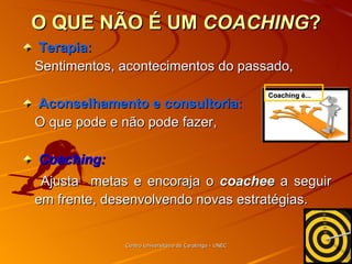 O QUE NÃO É UM  COACHING ? Terapia:   Sentimentos, acontecimentos do passado, Aconselhamento e consultoria: O que pode e não pode fazer, Coaching:   Ajusta  metas e encoraja o  coachee  a seguir em frente, desenvolvendo novas estratégias. Centro Universitário de Caratinga - UNEC Coaching é... 