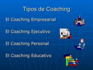 Tipos de Coaching
El Coaching Empresarial

El Coaching Ejecutivo

El Coaching Personal

El Coaching Educativo
 