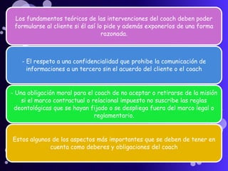 Los fundamentos teóricos de las intervenciones del coach deben poder
 formularse al cliente si él así lo pide y además exponerlos de una forma
                                   razonada.



    - El respeto a una confidencialidad que prohibe la comunicación de
      informaciones a un tercero sin el acuerdo del cliente o el coach


- Una obligación moral para el coach de no aceptar o retirarse de la misión
    si el marco contractual o relacional impuesto no suscribe las reglas
 deontológicas que se hayan fijado o se despliega fuera del marco legal o
                               reglamentario.


Estos algunos de los aspectos más importantes que se deben de tener en
             cuenta como deberes y obligaciones del coach
 