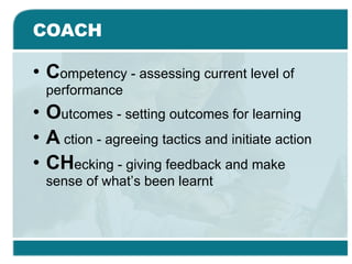COACH C ompetency - assessing current level of performance O utcomes - setting outcomes for learning A  ction - agreeing tactics and initiate action CH ecking - giving feedback and make sense of what’s been learnt 