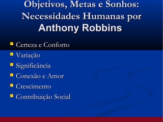 Objetivos, Metas e Sonhos:Objetivos, Metas e Sonhos:
Necessidades Humanas porNecessidades Humanas por
Anthony RobbinsAnthony Robbins
 Certeza e ConfortoCerteza e Conforto
 VariaçãoVariação
 SignificânciaSignificância
 Conexão e AmorConexão e Amor
 CrescimentoCrescimento
 Contribuição SocialContribuição Social
 