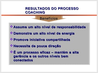 BenefíciosBenefícios
RESULTADOS DO PROCESSORESULTADOS DO PROCESSO
COACHINGCOACHING
 Assume um alto nível de responsabilidadeAssume um alto nível de responsabilidade
 Demonstra um alto nível de energiaDemonstra um alto nível de energia
 Promove iniciativa compartilhadaPromove iniciativa compartilhada
 Necessita de pouca direçãoNecessita de pouca direção
 É um processo eficaz – mantém a altaÉ um processo eficaz – mantém a alta
gerência e os outros níveis bemgerência e os outros níveis bem
conectadosconectados
 