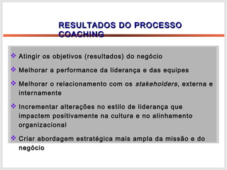 RESULTADOS DO PROCESSORESULTADOS DO PROCESSO
COACHINGCOACHING
 Atingir os objetivos (resultados) do negócioAtingir os objetivos (resultados) do negócio
 Melhorar a performance da liderança e das equipesMelhorar a performance da liderança e das equipes
 Melhorar o relacionamento com osMelhorar o relacionamento com os stakeholdersstakeholders, externa e, externa e
internamenteinternamente
 Incrementar alterações no estilo de liderança queIncrementar alterações no estilo de liderança que
impactem positivamente na cultura e no alinhamentoimpactem positivamente na cultura e no alinhamento
organizacionalorganizacional
 Criar abordagem estratégica mais ampla da missão e doCriar abordagem estratégica mais ampla da missão e do
negócionegócio
 
