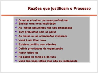 Razões que justificam o ProcessoRazões que justificam o Processo
 Orientar e treinar um novo profissionalOrientar e treinar um novo profissional
 Ensinar uma nova habilidadeEnsinar uma nova habilidade
 As metas assumidas não são alcançadasAs metas assumidas não são alcançadas
 Tem problemas com os paresTem problemas com os pares
 As metas ou as orientações mudaramAs metas ou as orientações mudaram
 Você é um líder novoVocê é um líder novo
 Existem conflito com clientesExistem conflito com clientes
 Definir prioridades da organizaçãoDefinir prioridades da organização
 Fazer follow-upFazer follow-up
 Há perda de tempo e de focoHá perda de tempo e de foco
 Você tem boas idéias mas não as implementaVocê tem boas idéias mas não as implementa
 