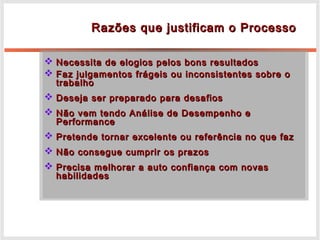 Razões que justificam o ProcessoRazões que justificam o Processo
 Necessita de elogios pelos bons resultadosNecessita de elogios pelos bons resultados
 Faz julgamentos frágeis ou inconsistentes sobre oFaz julgamentos frágeis ou inconsistentes sobre o
trabalhotrabalho
 Deseja ser preparado para desafiosDeseja ser preparado para desafios
 Não vem tendo Análise de Desempenho eNão vem tendo Análise de Desempenho e
PerformancePerformance
 Pretende tornar excelente ou referência no que fazPretende tornar excelente ou referência no que faz
 Não consegue cumprir os prazosNão consegue cumprir os prazos
 Precisa melhorar a auto confiança com novasPrecisa melhorar a auto confiança com novas
habilidadeshabilidades
 