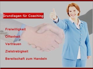 Grundlagen für Coaching
Freiwilligkeit
Offenheit
Vertrauen
Zielstrebigkeit
Bereitschaft zum Handeln
 