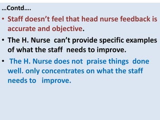 …Contd….
• Staff doesn’t feel that head nurse feedback is
accurate and objective.
• The H. Nurse can’t provide specific examples
of what the staff needs to improve.
• The H. Nurse does not praise things done
well. only concentrates on what the staff
needs to improve.
 