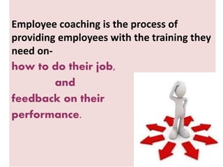 Employee coaching is the process of
providing employees with the training they
need on-
how to do their job,
and
feedback on their
performance.
 