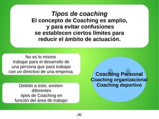 Tipos de coaching
El concepto de Coaching es amplio,
y para evitar confusiones
se establecen ciertos límites para
reducir el ámbito de actuación.
Debido a esto, existen
diferentes
tipos de Coaching en
función del área de trabajo:
No es lo mismo
trabajar para el desarrollo de
una persona que para trabajar
con un directivo de una empresa.
Coaching Personal
Coaching organizacional
Coaching deportivo
JG
 