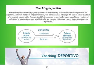 Coaching deportivo
El Coaching deportivo trabaja principalmente la motivación y el desarrollo de todo el potencial del 
deportista. También trabaja el empoderamiento y las habilidades de liderazgo. En caso de lesión ayuda en 
el proceso de recuperación. Además, también trabaja con el entrenador y con los árbitros, y mejora el 
trabajo del grupo de deportistas, estableciendo, por ejemplo, objetivos a corto y largo plazo para los 
deportistas.
JG
 