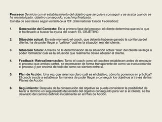 Procesos Se inicia con el establecimiento del objetivo que se quiere conseguir y se acaba cuando se
ha materializado. objetivo conseguido, coaching finalizado.
Consta de seis fases según establece la ICF (International Coach Federation):
1. Generación del Contexto: En la primera fase del proceso, el cliente determina que es lo que
le ha llevado a buscar la ayuda del coach: EL OBJETIVO.
2. Situación actual: En este momento el coach, que debería haberse ganado la confianza del
cliente, ha de poder llegar a “calibrar” cuál es la situación real del cliente.
3. Situación futura: A través de la determinación de la situación actual “real” del cliente se llega a
poder formalizar cuál es la situación que realmente desea obtener el cliente.
4. Feedback- Retroalimentación: Tanto el coach como el coachee establecen antes de empezar
el proceso que ambas partes, se expresaran de forma transparente de como va evolucionando
el proceso y por encima de todo de como se sienten entre si.
5. Plan de Acción: Una vez que tenemos claro cuál es el objetivo, cómo lo ponemos en práctica?
El coach ayuda a establecer la manera de poder llegar a conseguir los objetivos a través de los
Planes de Acción
6. Seguimiento: Después de la consecución del objetivo se puede considerar la posibilidad de
llevar a término un seguimiento del estado del objetivo conseguido para ver si el cliente, se ha
desviado del camino definido inicialmente en el Plan de Acción.
 