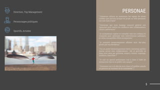 PERSONAE
“J’aimerais réduire au maximum les signes de stress
visibles que j’envoie lorsque tel projet ou telle personne
me met mal à l’aise.”
“J’aimerais que mon langage corporel général soit
rassurant pour mettre en conﬁance mes collaborateurs,
clients, partenaires.”
“Je souhaiterais repérer et travailler mes tics verbaux et
corporels pour optimiser mes interventions publiques,
et celles susceptibles d’être enregistrées.”
“Je souhaite temporairement afﬁcher mon fair-play
plutôt que ma déception.”
“J’ai un poste hiérarchiquement élevé, j’aimerais parfois
mieux cerner mes collaborateurs : Est ce qu’il/elle va
dans mon sens par politesse, respect, crainte, copinage,
ambition, franchise ?”
“Je suis un sportif performant mal à l’aise à l’idée de
m’exprimer face à un public non-acquis.”
“J’aimerais voir à la tête de mon client s’il préfère viande
ou poisson au moment de la commande” :)
5
Personnages politiques
Sportifs, Artistes
Direction, Top Management
 