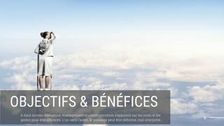 OBJECTIFS & BÉNÉFICES
A haut niveau d’exigence, management et communication s’appuient sur les mots et les
gestes pour être efﬁcaces. L'un sans l’autre, le message peut être déformé, mal interprété...
6
 