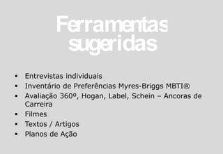  Entrevistas individuais
 Inventário de Preferências Myres-Briggs MBTI®
 Avaliação 360º, Hogan, Label, Schein – Ancoras de
Carreira
 Filmes
 Textos / Artigos
 Planos de Ação
 