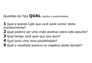 Questões do Tipo QUAL (opções e possibilidades)
1 Qual a grande lição que você pode extrair deste
acontecimento?
2 Qual poderia ser uma visão positiva sobre este assunto?
3 Qual tempo você quer que isso dure?
4 Qual seria uma nova possibilidade?
5 Qual o resultado positivo ou negativo desta decisão?
 