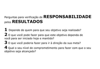 Perguntas para verificação de RESPONSABILIDADE
pelos RESULTADOS
1 Depende de quem para que seu objetivo seja realizado?
2 O que você pode fazer para que este objetivo dependa de
você para ser iniciado hoje e mantido?
3 O que você poderia fazer para ir à direção da sua meta?
4 Qual o seu nível de comprometimento para fazer com que o seu
objetivo seja alcançado?
 