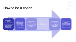 How to be a coach
A degree in
sports
management
may be obtained
from various
educational
institutions.
Applicant for
these diploma
programmed
must haver
complete 10+2
or an equivalent .
The institute
started one year
sports coaching
DURATION 1
year
Eligibility
Graduation in
any subject from
any recognized
Indian/foreign
university
Diploma course
in sports
coaching from
SAI and NSNIS
,with maximum
60-65% marks
1 2
 
