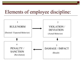 Elements of employee discipline:
1
RULE/NORM
(Desired / Expected Behavior)
2
VIOLATION /
DEVIATION
(Actual Behavior)
3
DAMAGE / IMPACT
(Result)
4
PENALTY /
SANCTION
(Revolution)
 