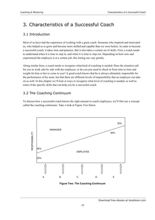 Download free ebooks at bookboon.com
Coaching & Mentoring
19
Characteristics of a Successful Coach
3. Characteristics of a Successful Coach
3.1 Introduction
Most of us have had the experience of working with a great coach. Someone who inspired and motivated
us, who helped us to grow and become more skilled and capable than we were before. In order to become
a successful coach, it takes time and patience. But it also takes a certain set of skills. First, a coach needs
to understand when it is time to step in, and when it is time to step out. Depending on how new and
experienced the employee is at a certain job, this timing can vary greatly.
Along similar lines, a coach needs to recognize what kind of coaching is needed. Does the situation call
for you to work side by side with the employee, or do you just need to check in from time to time and
weight for him or her to come to you? A good coach knows that he is always ultimately responsible for
the performance of his team, but that there are different levels of responsibility that an employee can take
on as well. In this chapter we’ll look at ways to recognize what level of coaching is needed, as well as
some of the specific skills that can help you be a successful coach.
3.2 The Coaching Continuum
To discuss how a successful coach knows the right amount to coach employees, we’ll first use a concept
called the coaching continuum. Take a look at Figure Two below.
20%
MANAGER
80%
80%
EMPLOYEE
20%
A B C D E
Figure Two: The Coaching Continuum
RESPONSIBILITY
 