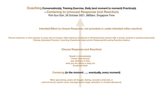 Coaching Conversation(s), Training Exercise, Daily (and moment to moment) Practice(s)
- Centering to (choose) Response (not Reaction)
Poh-Sun Goh, 26 October 2021, 0800am, Singapore Time
Centering (in the moment ….. eventually, every moment)
Choose Response (not Reaction)
Intended E
ff
ect (a chosen Response, not provoked or under-intended re
fl
ex reaction)
Breath in (immediately)
Center (and Ground
-pay attention to feet,
what you are sitting or lying on)
Emotional state
When (perceiving, aware of) thought, feeling, sensation (internal), or
external sound, spoken word, message (text), image, sensation or emotion (presence)
Choose response, in vast majority of cases will not require re
fl
ex physical, emotional or thinking/verbal reaction (like a shout), ducking or pushing away/aside
Training, Simulated Practice, Coaching, Experience helps anchor Response/life-saving Reaction balance
 